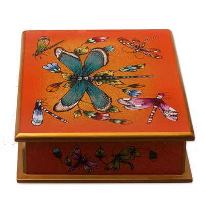 Reverse-painted glass decorative box, 'Tangerine Dragonfly Days' - Andean Reverse-Painted Glass Dragonfly Box in Tangerine