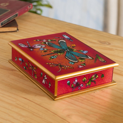 Reverse-painted glass decorative box, Ruby Red Dragonfly Days