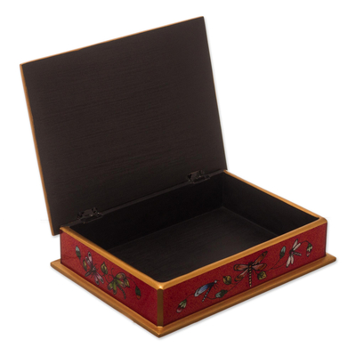 Reverse-painted glass decorative box, 'Ruby Red Dragonfly Days' - Andean Reverse-Painted Glass Dragonfly Box in Ruby Red