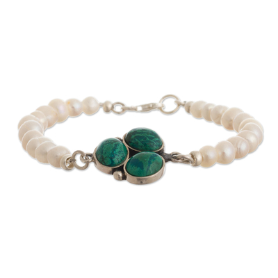 Cultured pearl and chrysocolla pendant bracelet, 'Healing Clover' - Chrysocolla and Cultured Pearl Bracelet from Peru