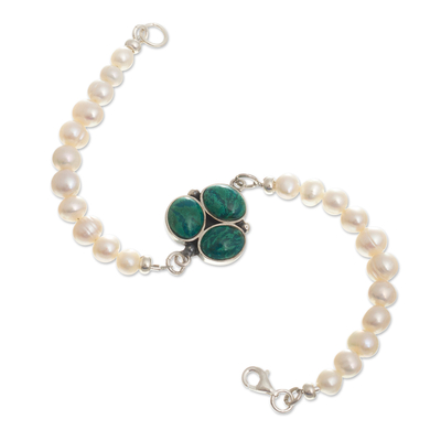 Cultured pearl and chrysocolla pendant bracelet, 'Healing Clover' - Chrysocolla and Cultured Pearl Bracelet from Peru