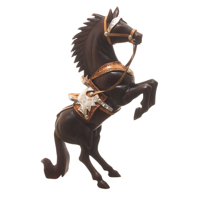 Wood sculpture, 'Wild Horse' - Cedar Wood Horse Sculpture With Leather Details From Peru