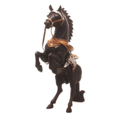Wood sculpture, 'Wild Horse' - Cedar Wood Horse Sculpture With Leather Details From Peru
