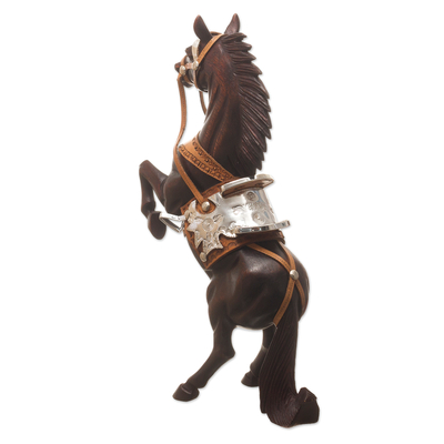 Wood sculpture, 'Wild Horse' - Cedar Wood Horse Sculpture With Leather Details From Peru