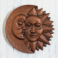 Wood wall relief panel, 'Cosmic Dance' - Cedar Wood Sun And Moon Wall Plaque From Peru