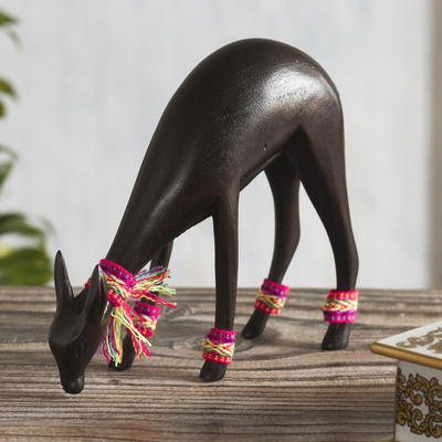 Wood sculpture, 'Mountain Vicuña' - Wood Vicuna Sculpture with Fabric Details from Peru