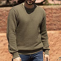 Olive Green Pima Cotton Crew Neck Men's Sweater from Peru,'Casual Style in Olive Green'