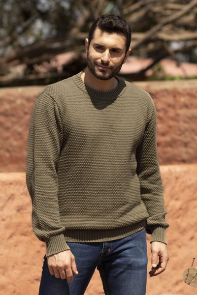 Mens pima cotton sweater, Casual Style in Olive Green