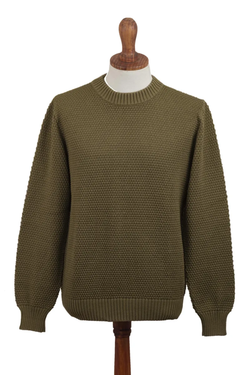 Olive Green Pima Cotton Crew Neck Men's Sweater from Peru