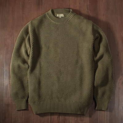 Olive Green Pima Cotton Crew Neck Men's Sweater from Peru - Casual 