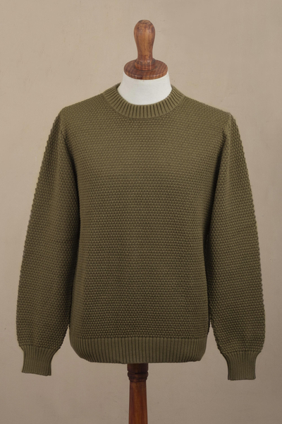 Jersey hombre algodón pima - Suéter de hombre con cuello redondo de algodón pima verde oliva de Perú