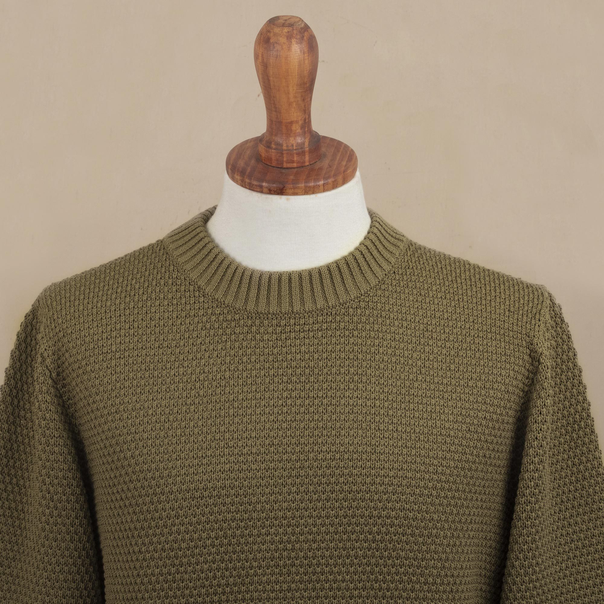 Olive Green Pima Cotton Crew Neck Men's Sweater from Peru Casual Style in Olive Green NOVICA