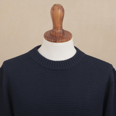Jersey hombre algodón pima - Suéter de hombre con cuello redondo de algodón Pima azul sólido de Perú