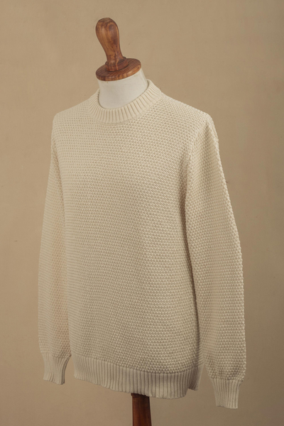 Men's pima cotton sweater, 'Casual Style in Ivory' - Solid Ivory Pima Cotton Crew Neck Men's Sweater from Peru