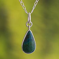 Chrysocolla pendant necklace, 'Forest Poetry' - 925 Sterling Silver Chrysocolla Pendant Necklace From Peru