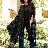 Cotton poncho, 'Pintu Spring in Black' - Organic Pima Cotton Knitted Poncho in Black from Peru