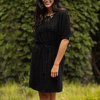 Cotton Knitted Belted T-Shirt Dress in Black from Peru,'Thalu in Black'