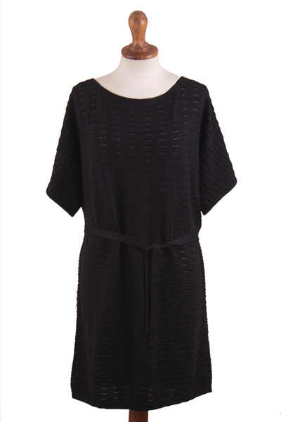 Cotton Knitted Belted T-Shirt Dress in Black from Peru