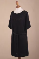 Cotton dress, 'Thalu in Black' - Cotton Knitted Belted T-Shirt Dress in Black from Peru
