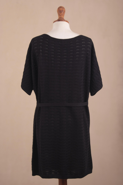 Cotton dress, 'Thalu in Black' - Cotton Knitted Belted T-Shirt Dress in Black from Peru