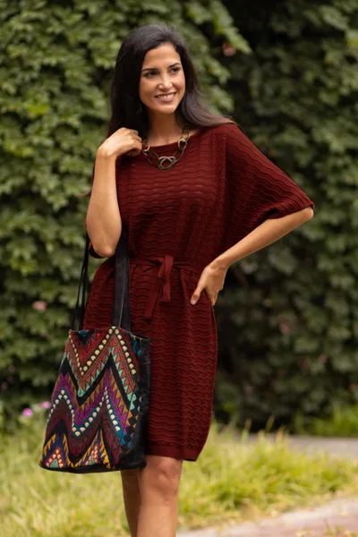 Cotton Knitted Belted T-Shirt Dress in Russet Red from Peru