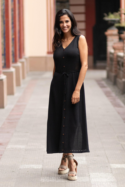 Cotton dress, 'Toqo in Black' - Organic Cotton Buttoned Maxi Dress in Black from Peru