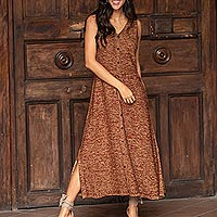 Cotton dress, 'Toqo Melange' - Organic Cotton Buttoned Maxi Dress in Russet Red from Peru