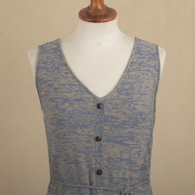 Cotton maxi dress, 'Toqo in Heathered Sky Blue' - Organic Cotton Buttoned Maxi Dress in Cerulean from Peru
