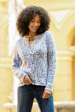 Cotton cardigan, 'Frida in Cerulean' - Jacquard Pattern 100% Cotton Cerulean Cardigan from Peru