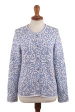 Cotton cardigan, 'Frida in Cerulean' - Jacquard Pattern 100% Cotton Cerulean Cardigan from Peru