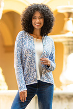 Cotton cardigan, 'Frida in Cerulean' - Jacquard Pattern 100% Cotton Cerulean Cardigan from Peru