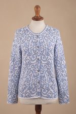 Cotton cardigan, 'Frida in Cerulean' - Jacquard Pattern 100% Cotton Cerulean Cardigan from Peru