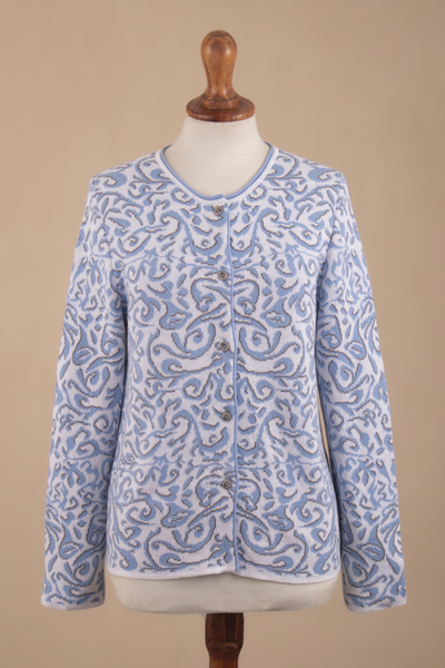 Cotton cardigan, 'Frida in Cerulean' - Jacquard Pattern 100% Cotton Cerulean Cardigan from Peru