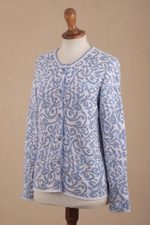 Cotton cardigan, 'Frida in Cerulean' - Jacquard Pattern 100% Cotton Cerulean Cardigan from Peru