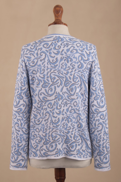 Cotton cardigan, 'Miraflores Blue' - Jacquard Pattern 100% Cotton Cerulean Cardigan from Peru