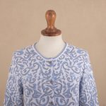 Cotton cardigan, 'Frida in Cerulean' - Jacquard Pattern 100% Cotton Cerulean Cardigan from Peru