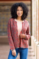 Cotton cardigan, 'Miraflores Joy' - Jacquard Pattern 100% Cotton Orange Cardigan from Peru