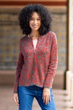 Cotton cardigan, 'Miraflores Joy' - Jacquard Pattern 100% Cotton Orange Cardigan from Peru