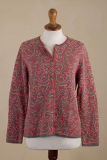 Cotton cardigan, 'Miraflores Joy' - Jacquard Pattern 100% Cotton Orange Cardigan from Peru