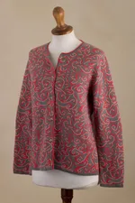 Cotton cardigan, 'Miraflores Joy' - Jacquard Pattern 100% Cotton Orange Cardigan from Peru