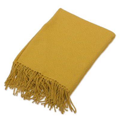 Acrylic and alpaca blend throw blanket, 'Diamond Mine in Gold' - Diamond-Patterned Acrylic Blend Throw Blanket