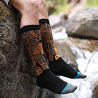Unisex cotton-blend socks, 'Chavin Legacy' - Black and Brown Cotton-Blend Calf High Socks