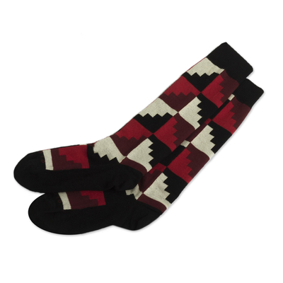 Unisex cotton-blend socks, 'Nazca' - Red and Black Unisex Socks