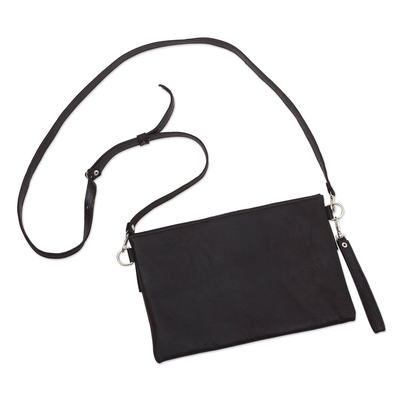 Leather sling bag, 'Mystic Black' - Versatile Leather Geometric Sling Bag from Peru