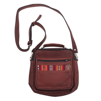 Leather messenger bag, 'Morral in Chestnut Brown' - Wool Insert Leather Brown Crossbody Messenger Bag from Peru