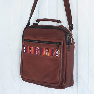 Leather messenger bag, 'Morral in Chestnut Brown' - Wool Insert Leather Brown Crossbody Messenger Bag from Peru