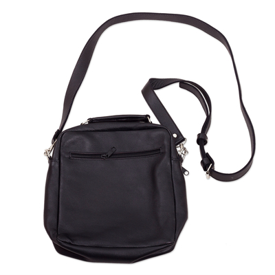 Black leather messenger bag, 'Morral in Black' - Wool Insert Black Leather Messenger Crossbody Bag from Peru