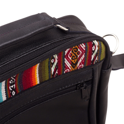 Black leather messenger bag, 'Morral in Black' - Wool Insert Black Leather Messenger Crossbody Bag from Peru