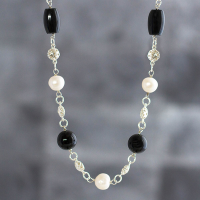 Obsidian and cultured pearl necklace, 'Quiet Fire' - Black Obsidian and Cultured Pearl Necklace from Peru