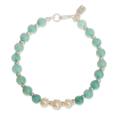 Amazonite and cultured freshwater pearl beaded bracelet, 'Exquisite Love' - Natural Amazonite Hand Crafted Beaded Bracelet from Peru